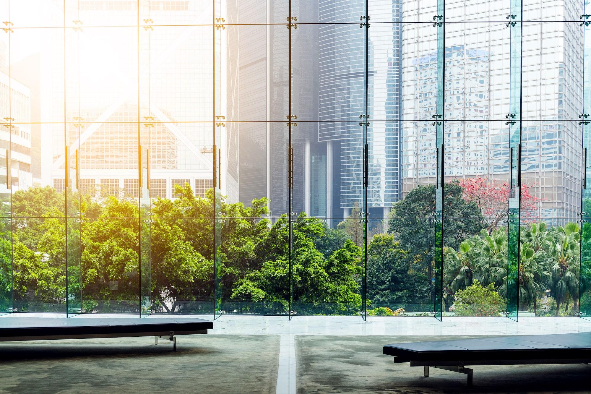 Modern indoor office space with tall glass windows looking out a green trees and large ciy skyline indicating WELL Building standards