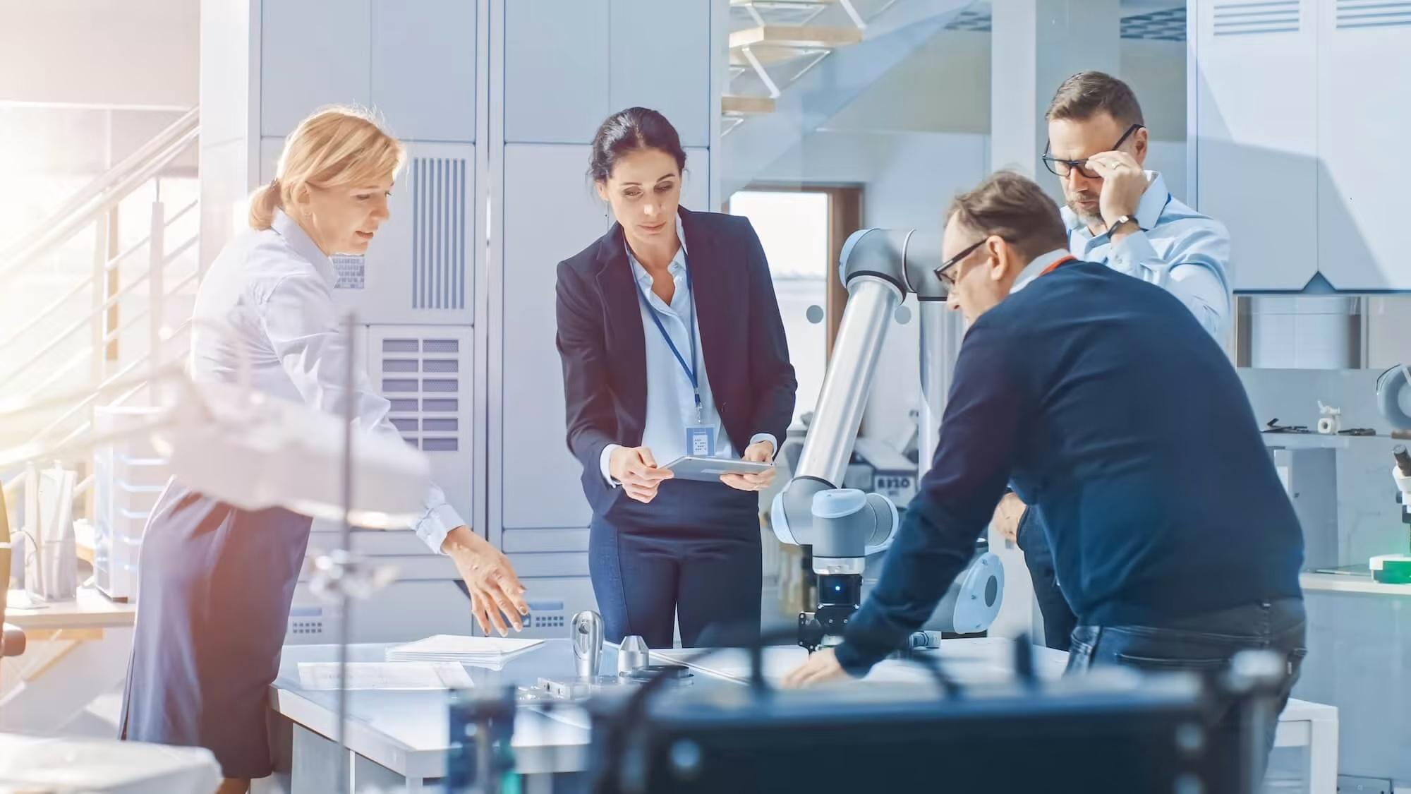 group of people using computer technology at work while standing around table and discussing data