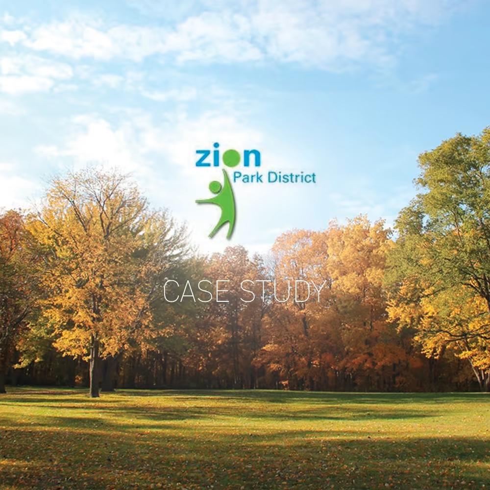 image of green field with trees in background and zion park logo juxtaposed over the nature image