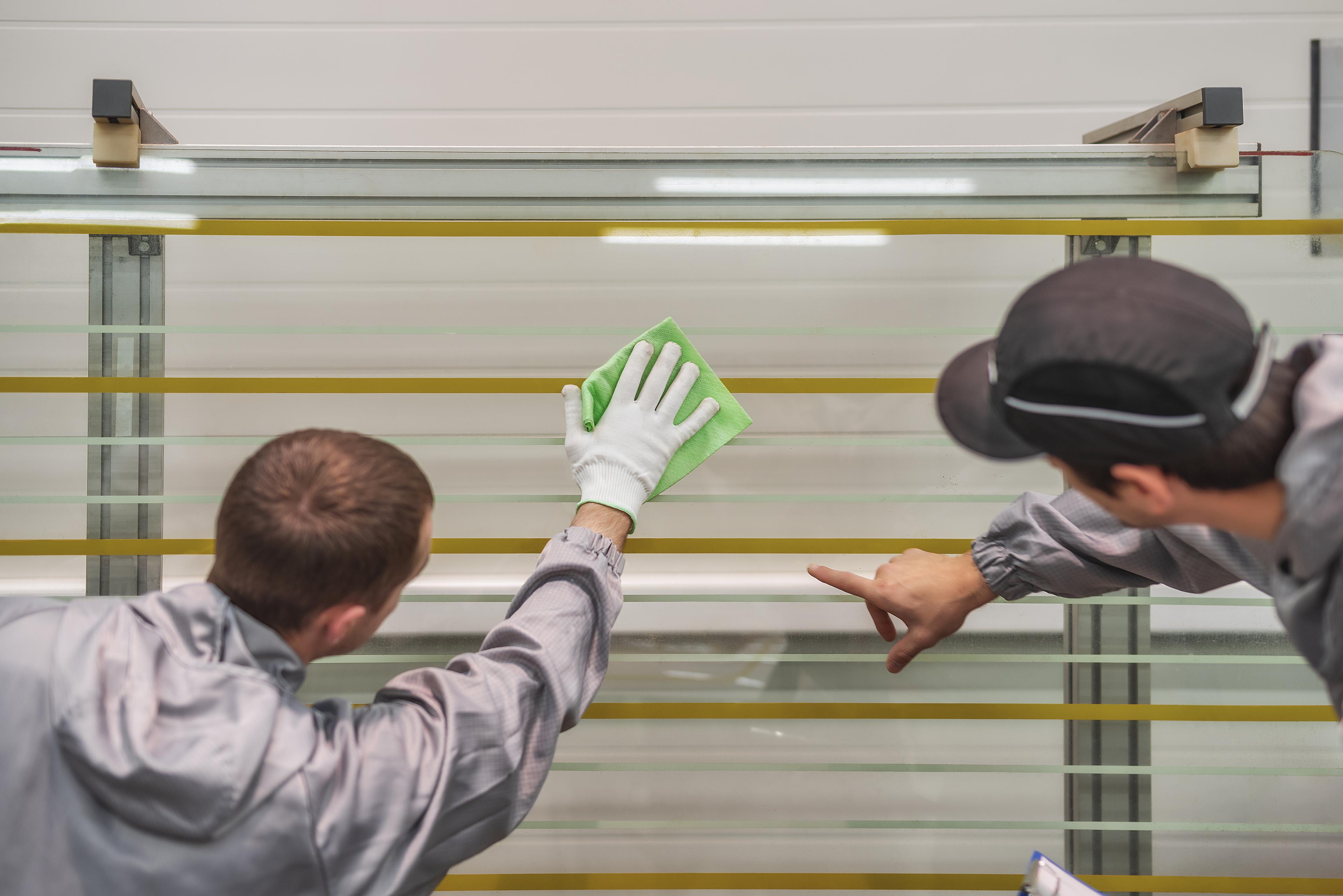 two cleaning team members work together to carefully clean glass in office building.